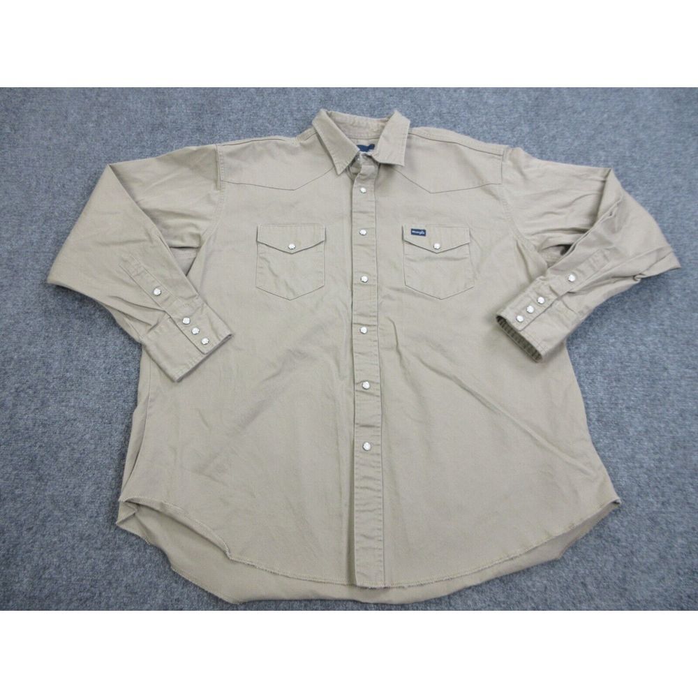 VINTAGE Wrangler Shirt‎ Mens 16-36 Beige Brushpopper Western Cowboy Pearl Snap